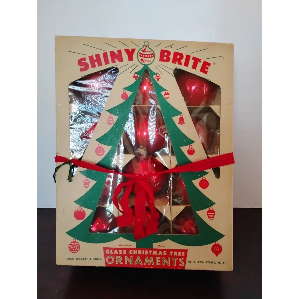 Vintage Shiny Brite Red Glass Christmas Ornaments Set of 12 Original Box 0215